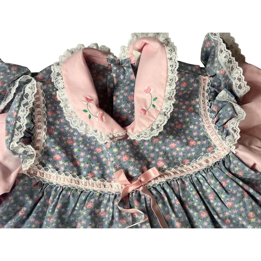 Vintage Floral Prairie Dress Toddler Size 3T Pink Blue Lace Trim Embroidered
